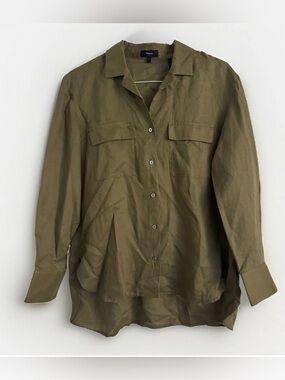 Theory Womens L Burnt Olive Linen Notch Collar Shirt Blouse NWT